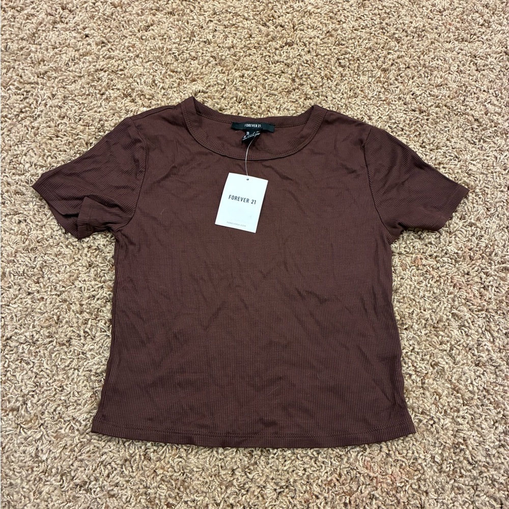 Forever 21 Chocolate Brown Ribbed Short Sleeve Crop Tee